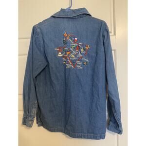 Casey Coleman Button Shirt Dallas TX Denim Embroidered Texas Cowgirl SZ S Stain